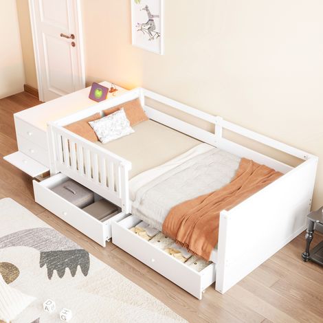 Etagenbett 90/200 cm Weiß mit Stauraum, LED und Steckdose (1/5)