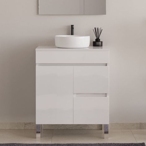 Meuble de salle de bain 60cm sur pieds avec plateau et une cuve à poser ronde - sans miroir - porte et tiroirs - blanc brillant - HARO