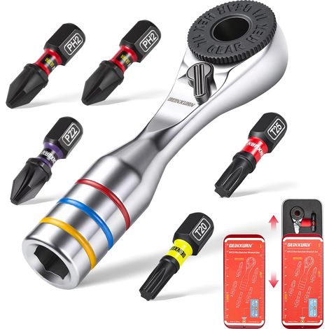 (6PCS-US) Coffret de 6 mini clés à cliquet, embouts ULTRA TORQUE avec embouts PH2, PZ2, T20, T25 et SQ2 de 1 pouce, coffret de rangement portable (1/5)
