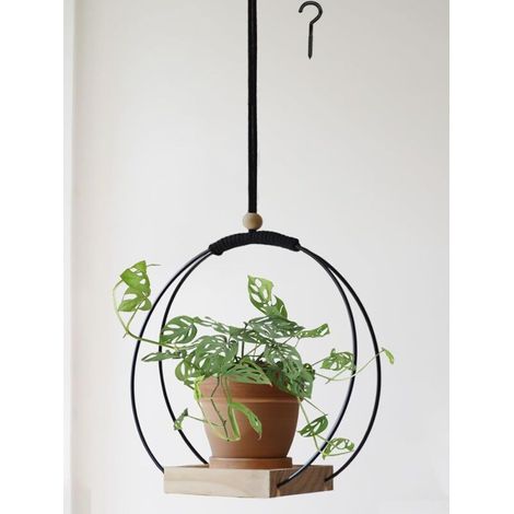 Suspension pour Plantes avec Base en Bois - Support Macramé Bohème pour Décoration Murale/Fenêtre/Chambre - Noir (Pot Non Inclus) (1/5)
