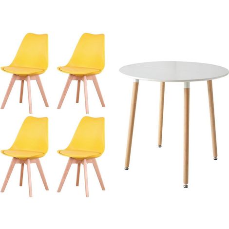 Runder Esstisch mit 4 gelben Stühlen, skandinavisches Design, Buchenholzfüße (1/5)