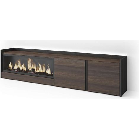 Mueble TV Riogordo-01 de 212x50x35 cm con chimenea y luces LED XXL, color roble oscuro y negro (1/4)
