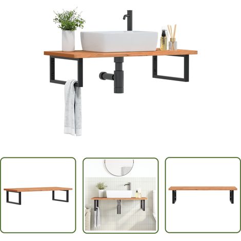 The Living Store Étagère de vasque murale acier et bois massif de hêtre - Meuble De Salle De Bain - Étagère Murale - Étagère De Lavabo - Meuble Suspendu - Rangement Salle De Bain (1/5)
