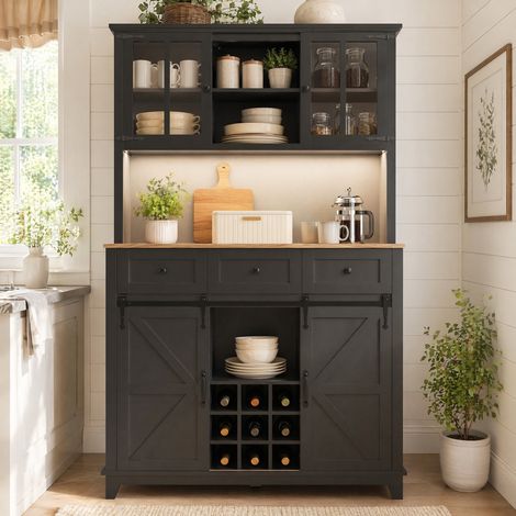 Madia alta vetrina 105x38,4x180 cm in MDF nero con portaoggetti FloraGrace (1/5)
