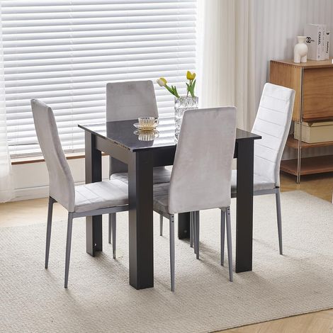 75x75cm Square Dining Table and Chairs Set, Small Dining Room Set High Gloss Dining Table with Chairs Home Furniture (Grey Flannel, Black Table with 4 Chairs)