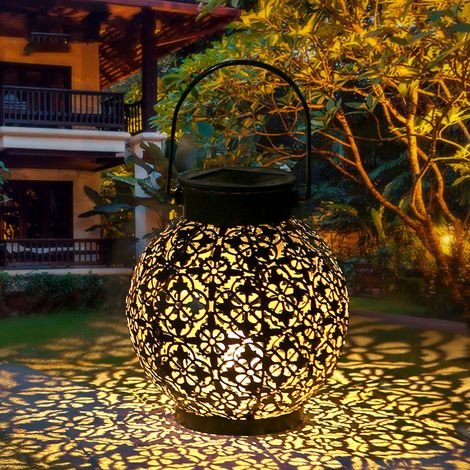 Lanterne solaire d'extérieur design évidé décoratif en métal suspendu lumières LED lampe de contrôle d'éclairage sensible IP44 résistant à l'eau pour patio cour balcon jardin 1 pièces (1/5)