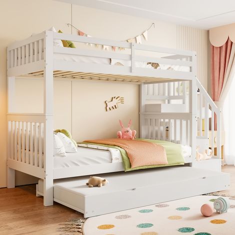 Letto a castello 90x200cm, ripiano per scala, dotato di letto estraibile, ringhiere alte, bianco per adolescenti