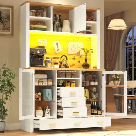 Credenza da cucina 120 x 39,8 x 188 cm con LED, 6 cassetti, bianca effetto legno DESVIAE (1/5)