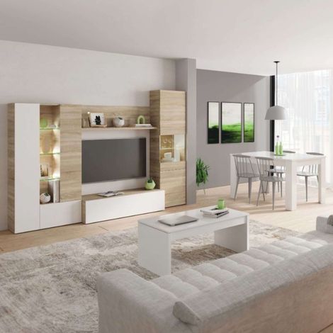 Pack Completo Muebles Salón Con Led Color Canadian Y Blanco Moderno (mueble + Mesa De Centro + Mesa Comedor)