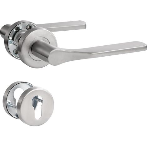 Poignée de porte noire en acier inoxydable mat brossé - Poignée de porte pour porte d'entrée et porte intérieure - En forme de L - Rosace ronde - Cylindre profilé (1/5)