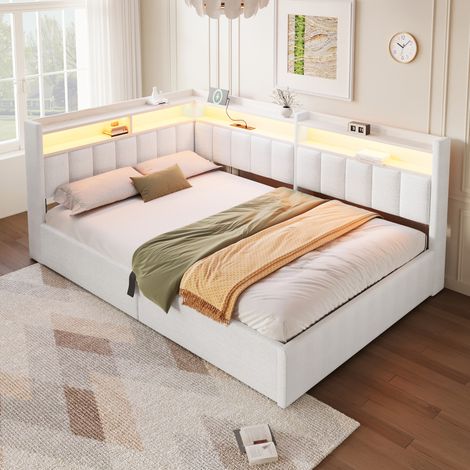 Lit coffre 140 x 200 cm avec rangement hydraulique, LED et USB-A/Type-C, lit rembourré en velours blanc cassé avec rangements latéraux réversibles (1/5)