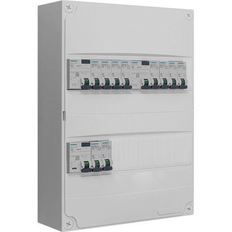 Siemens – Tableau électrique 2 rangées pré-équipé 2 inter. diff. 40A – 1 inter. diff. 30mA 40A – 10 disjoncteurs 10A/16A/20A/32A – IP30 IK05 (1/2)