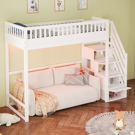 Letto a soppalco 90x200 cm bianco con scala contenitore, senza materasso - MEUBLIV (1/5)
