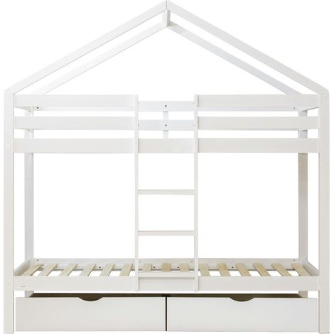 Etagenbett Häuschen + 2 Schubladen Holz weiß 90x190/90x190cm