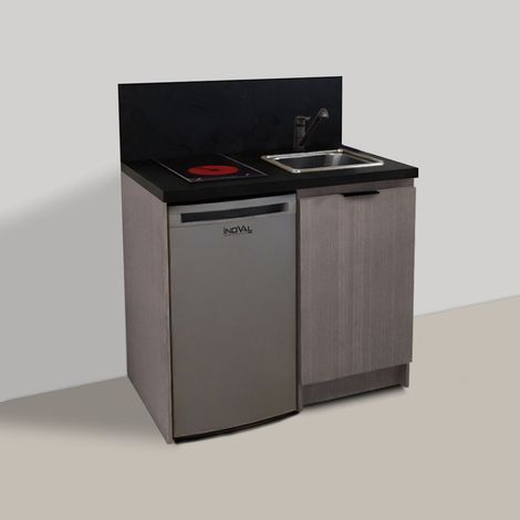 Inoval – Kitchenette chêne gris 100cm – Meuble bas mélaminé 19mm – Plaque vitrocéramique 3000W – Réfrigérateur table top 86L – Évier inox 39x45cm (1/4)