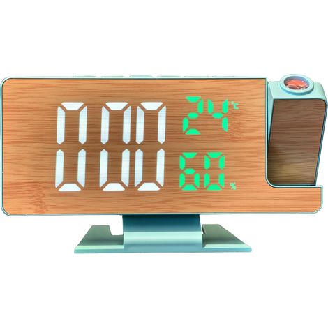 Réveil LED en bois avec projection de l'heure, affichage température et humidité, réglage de luminosité
