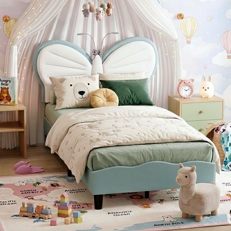 Mädchen-Prinzessinnenbett 90x190 cm, Polsterbett aus Kunstleder mit Schmetterlings-Kopfteil, Mehrfarbiger LED und Lattenrost - Blau