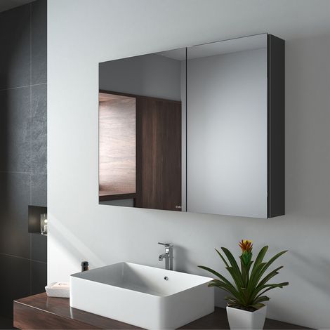 EMKE Spiegelschrank mit Spiegel unsichtbarer Griff Wandspiegel mit Badschrankmit höhenverstellbarem badezimmerschrank Laminat (Schwarz, 85x65cm) (1/5)