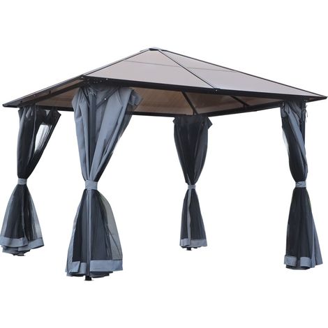 Pavillon aluminium 3 x 3 m avec toit polycarbonate et rideaux avec moustiquaire gris foncé (1/5)