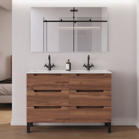 Meuble de salle de bain 140cm double vasque - 6 tiroirs - noyer (bois foncé) - RIZA (1/5)