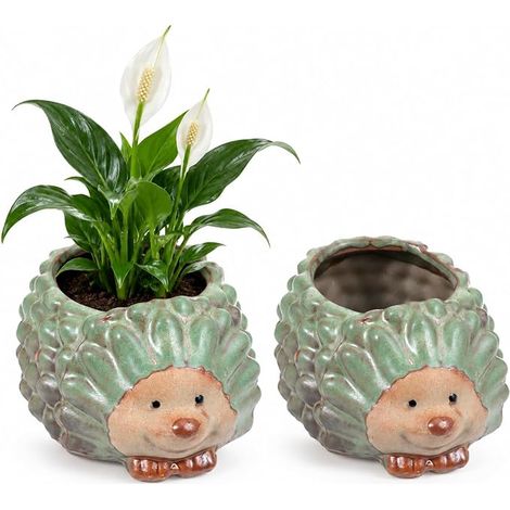 Set of 2 Green Ceramic Hedgehog Pots, 11 x 7 x 5.5 cm (1/5)