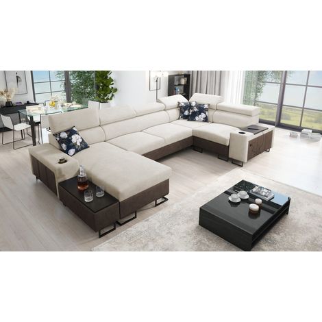 Großes Ecksofa für das Wohnzimmer mit Bar und Schlaffunktion MELODY IV MINI Tauro/Freya Braun/Beige (1/5)