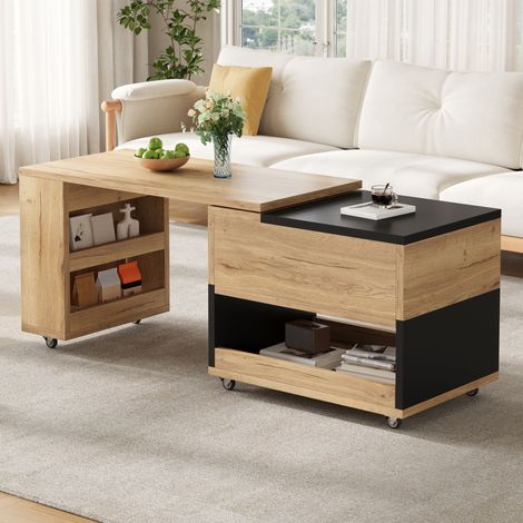 Table basse extensible multifonctionnelle avec rangement intégré, module latéral rotatif 360°, plateau repliable, meuble polyvalent pour séjour, bureau et salle à manger. (1/5)