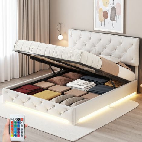 Letto contenitore 140x190 cm, letto matrimoniale con illuminazione a LED, sistema idraulico contenitivo, rete a doghe in legno, struttura in metallo, letto imbottito in lino - Beige