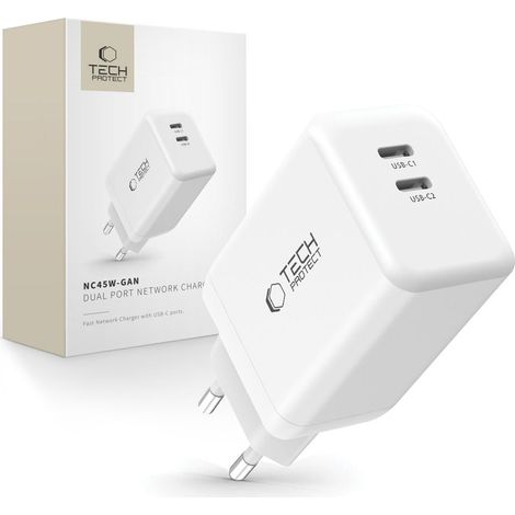 Cargador de pared NC45W-GAN de 45 W con 2 puertos USB-C - Blanco (1/5)