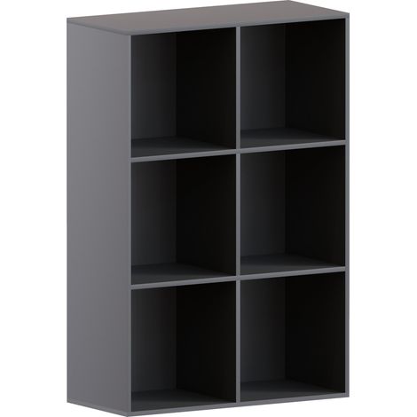Durham 6 Cube Bookcase Shelf Wooden Display Storage Rack Free Standing Shelf Unit, Black-3-Grey-Baskets