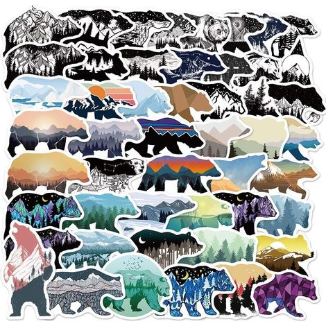50 autocollants ours grizzlis avec montagnes, rivières, soleil, lune et étoiles, autocollants graffiti imperméables pour bouteilles d'eau, ordinateurs portables, bagages, skateboards, casques, garçons (1/5)
