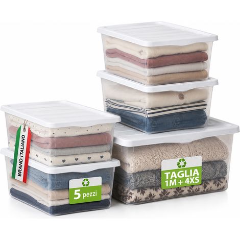 Set 5 Contenitori in Plastica Spring Box 1M + 4XS Coperchio Bianco Portaoggetti (1/5)