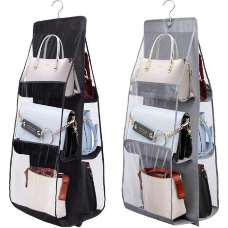 2Pack Organiseur de sac à main à suspendre 6 Poches Organisateur de Garde Robe Sacs Penderie Sac de Rangement Suspendu Organisateur de Garde Robe Pliable(Noir+Gris) (1/5)