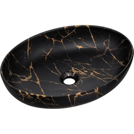 Vasque à poser ovale 52x39,5 cm noir et doré effet marbre en céramique