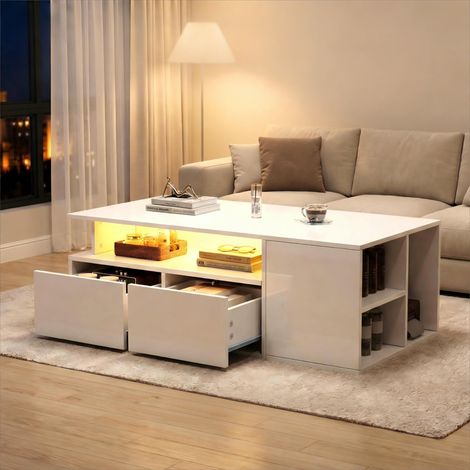 Table basse 100 x 50 x 35 cm avec éclairage LED, table de salon avec 2 tiroirs, supportant une charge maximale de 60 kg, table de salon blanche offrant un grand espace de rangement. (1/5)