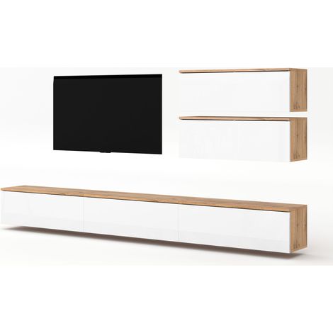 AX LIVING Anbauwand Loriano V Wohnwand Eiche Wotan/weiß Hochglanz 300