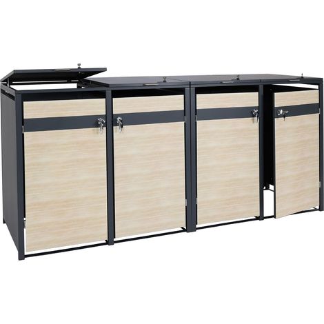 4er Mülltonnenverkleidung HHG-358, Mülltonnenbox, erweiterbar, Metall 100kg, anthrazit Buche-Holzoptik hellbraun