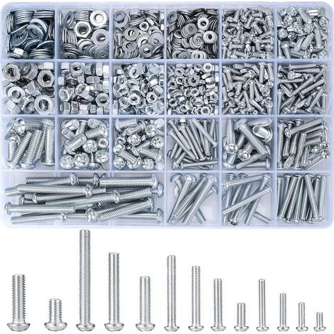 1080pcs M3 M4 M5 M6 Threaded Cap Screws with Hex Nuts and Washers, Pan Head Screws, Phillips Head Machine Screw Assortment Kit