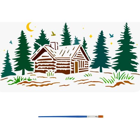 Pochoirs Cabane Dans les Bois 30X15Cm Avec Un Pinceau Pochoirs Motif Bois Pochoirs Étoiles Lune Pochoirs Peinture Oiseaux Thèmes Nature Modèle pour Tissu Mural DIY (1/5)