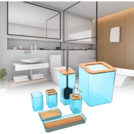 Ensemble de salle de bain 7 pièces en bambou et bois, poubelle, articles de toilette, vert (1/5)