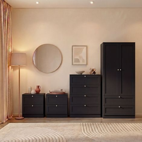Altino 4 Piece Bedroom Set with 2 Drawer Bedside, Set of 2, 4 Drawer Chest, 2 Door 2 Drawer Wardrobe, Black (1/4)