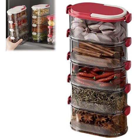 Boîte de rangement à épices avec couvercle - Empilable et gain de place - Pour cuisine, pique-nique, camping et fêtes - Rouge (1/5)
