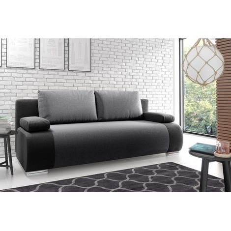 Mobilier1 – Canapé convertible 3 places en velours noir et simili cuir gris – Mécanisme Eurobook – Coffre à literie intégré – Dimensions 200x143 cm