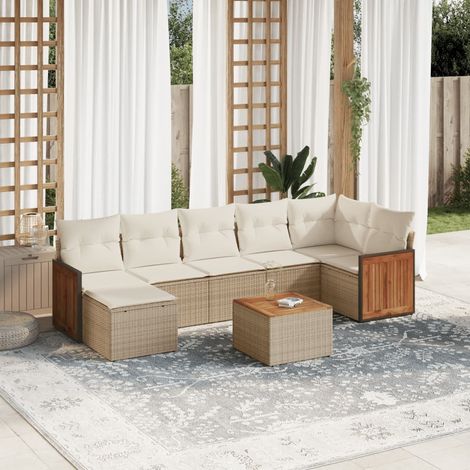 Ensemble de jardin 8 places en résine tressée beige avec coussins - Salon d'extérieur modulaire avec table et repose-pieds (1/5)