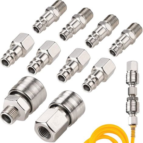 10 raccords rapides pneumatiques européens 1/4" BSP mâle/femelle, kit accessoires pour compresseur (1/5)