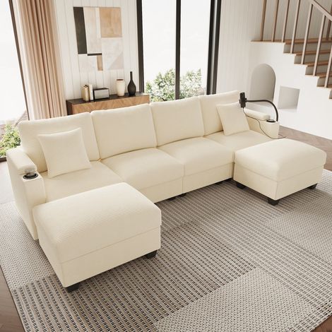 Canapé modulable, ensemble de salon forme de U, avec fonction couchage, velours côtelé, avec support pour téléphone et port de chargement USB, beige (1/5)