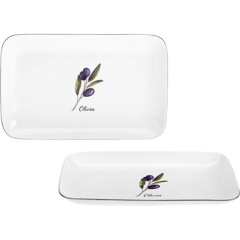 Plato de porcelana rectangular PROWANCE OLIVES 25 cm color blanco lechoso estampado colorido rama de olivo borde negro porcelana New Bone (1/5)