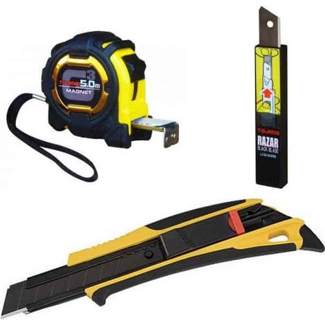 Tajima – Mètre déroulant 5m G LOCK – Cutter QUICK BACK 18mm – 10 lames Razar Black – Antichoc, graduation verticale, pour mesures précises