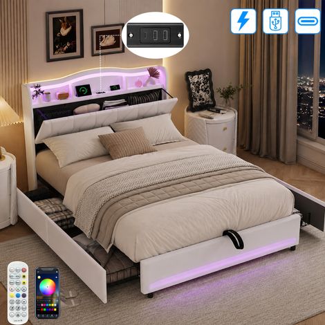Lit Coffre 160x200 cm,Lit Rembourré avec Éclairage LED Double Zone et Chargement USB/Type-C, Sommier à Lattes, Tête de Lit avec Rangement, Design Vague Moderne, Velours Beige