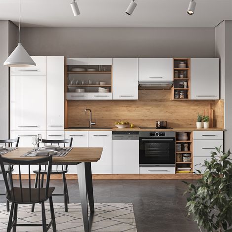 Mueble de cocina Fame-Line, Blanco brillo intenso/roble dorado, 355 cm , ET Antracita, Vicco
